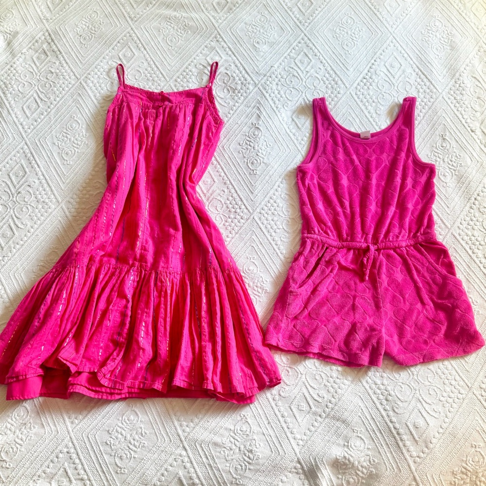 Girls Hot Pink Bundle includes a Terrycloth Romper and a Gorgeous Dress